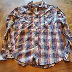 Roper Western Rainbow-Striped Long Sleeve Button-Up Shirt Size M Studded Pockets